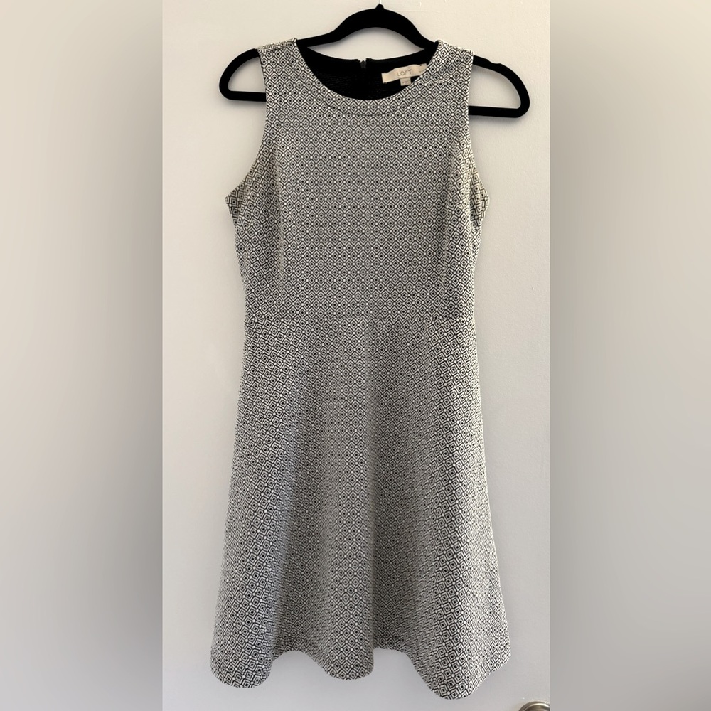 Ann Taylor LOFT Sleeveless Skater Dress Jacquard Black White Diamond Pattern